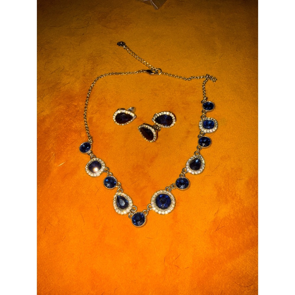 Monet Sapphire Blue Crystal Silver Tone Necklace and Clip On Earring Set